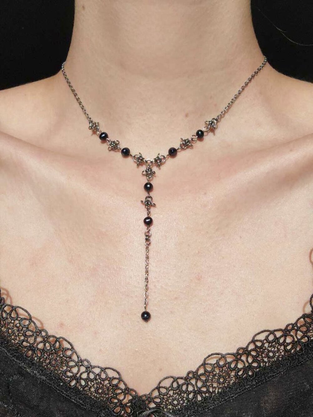 Gothic black pearl and silver rosary necklace